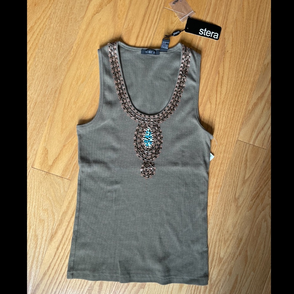 BRAND NEW Stera Beaded Ribbed Tank Top in Olive Green
